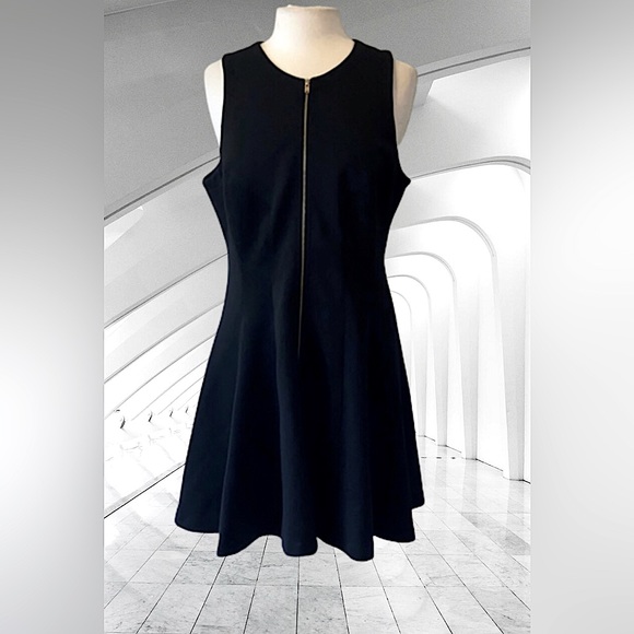 Black Waffle Knit Bar III Metallic Gold Zipper Fit&Flare Midi Skater Dress SZ XL - Picture 1 of 14